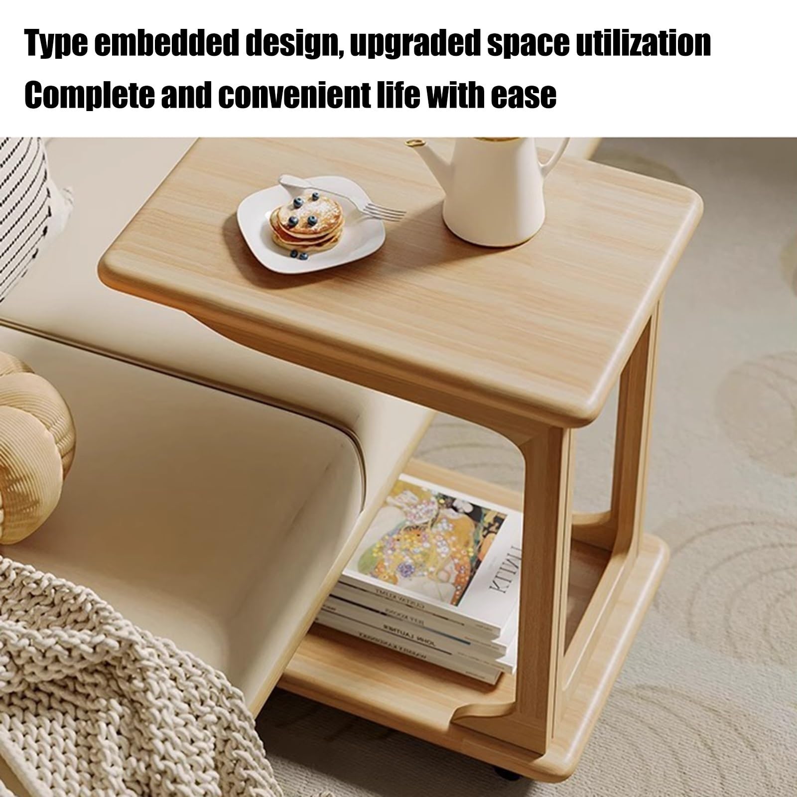 Table D’Appoint Roulante 360° Bois Massif – Petite Table Basse Sur Roulettes Avec Étagère, Style Naturel, Idéale Canapé, Lit, Salon, Chambre