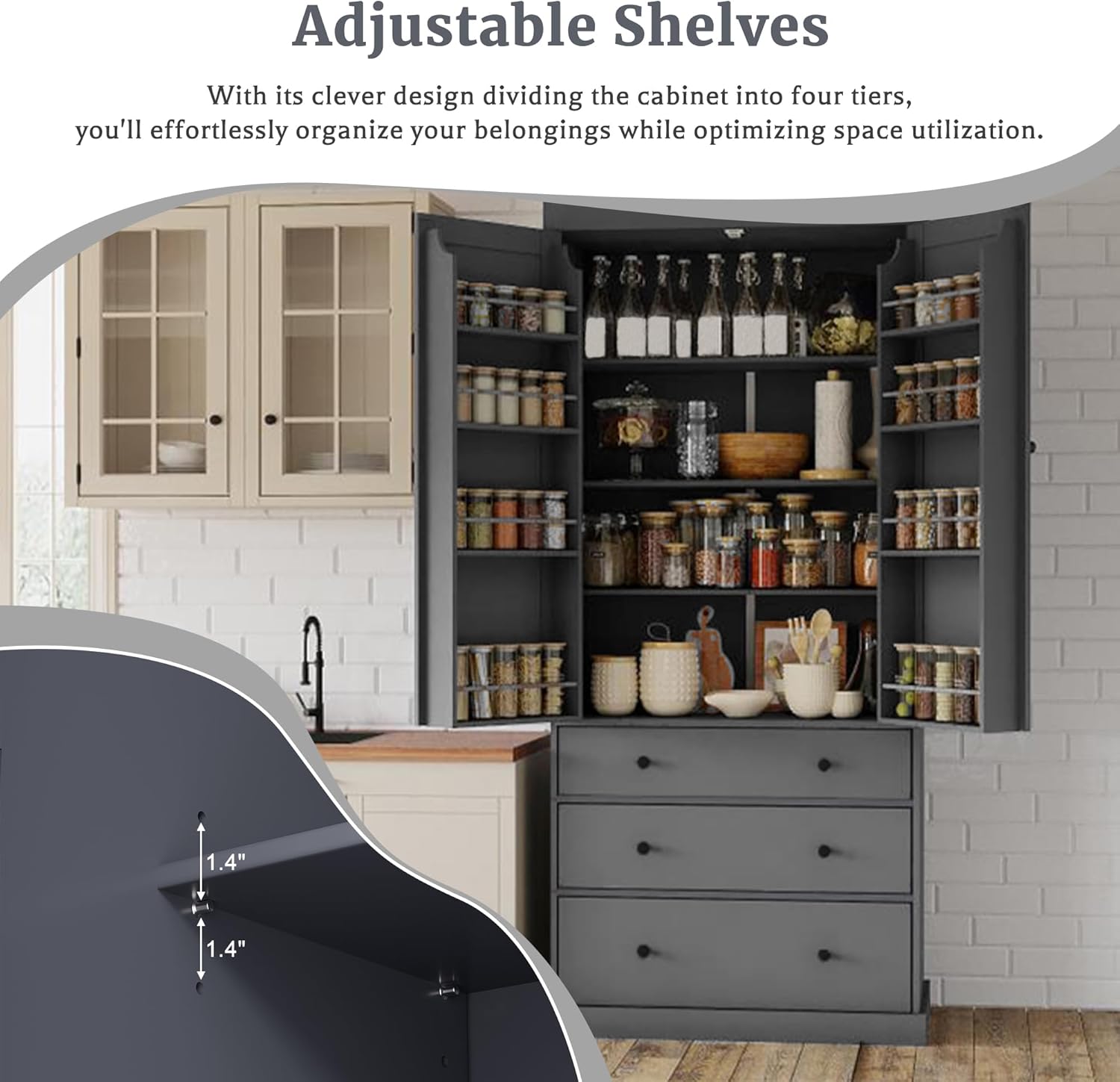 77inch Farmhouse Kitchen Pantry, Freestanding Large Cupboard Storage Cabinet with 3 Drawers, Kitchen Pantry Sideboard, with 8 Door Shelves & 3 Adjustable Shelves, Gray