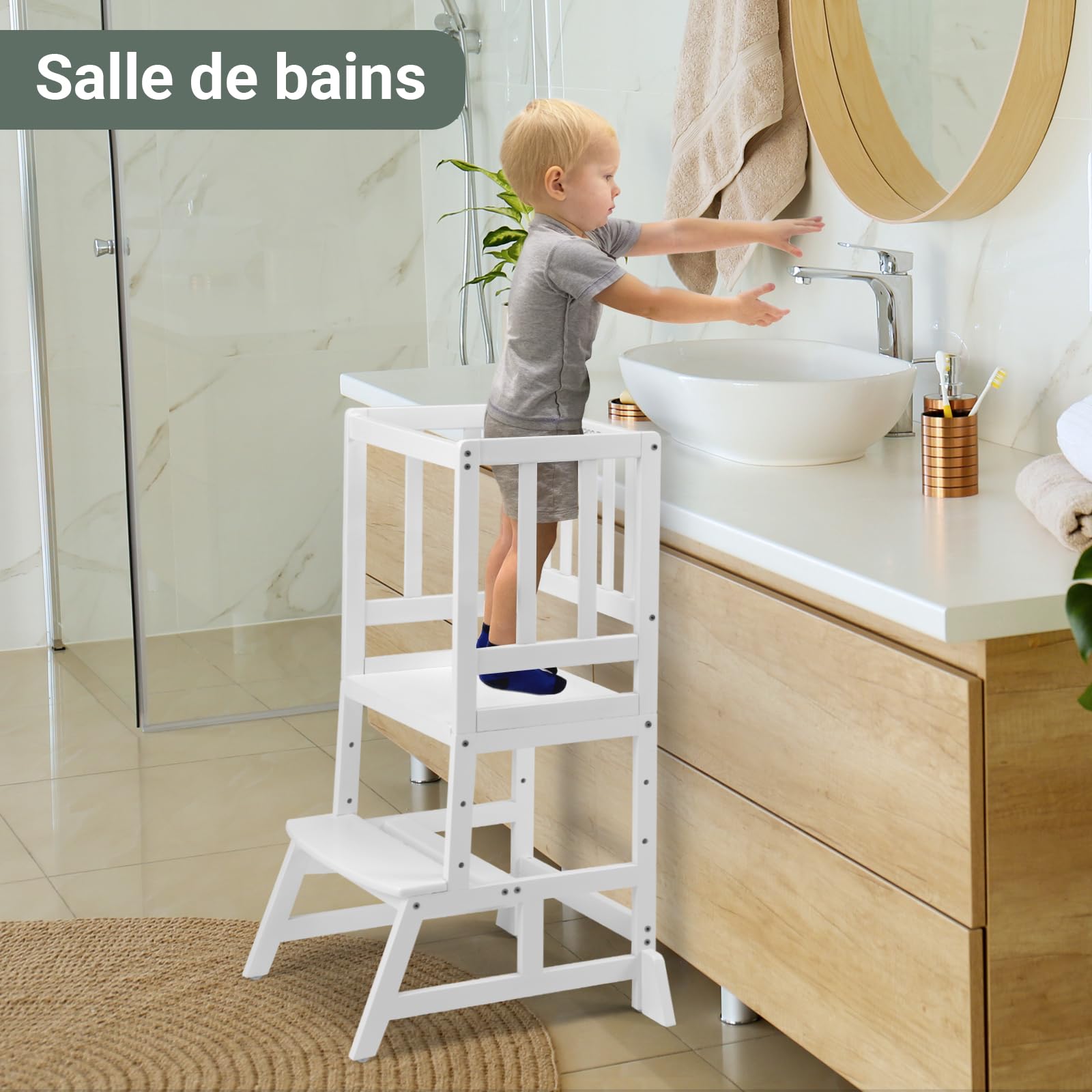 COSYLAND Tour d’Observation Montessori pour Enfant, Hauteur Réglable, Bambou Naturel, Chaise d’Apprentissage Bébé 18 Mois - Classic White