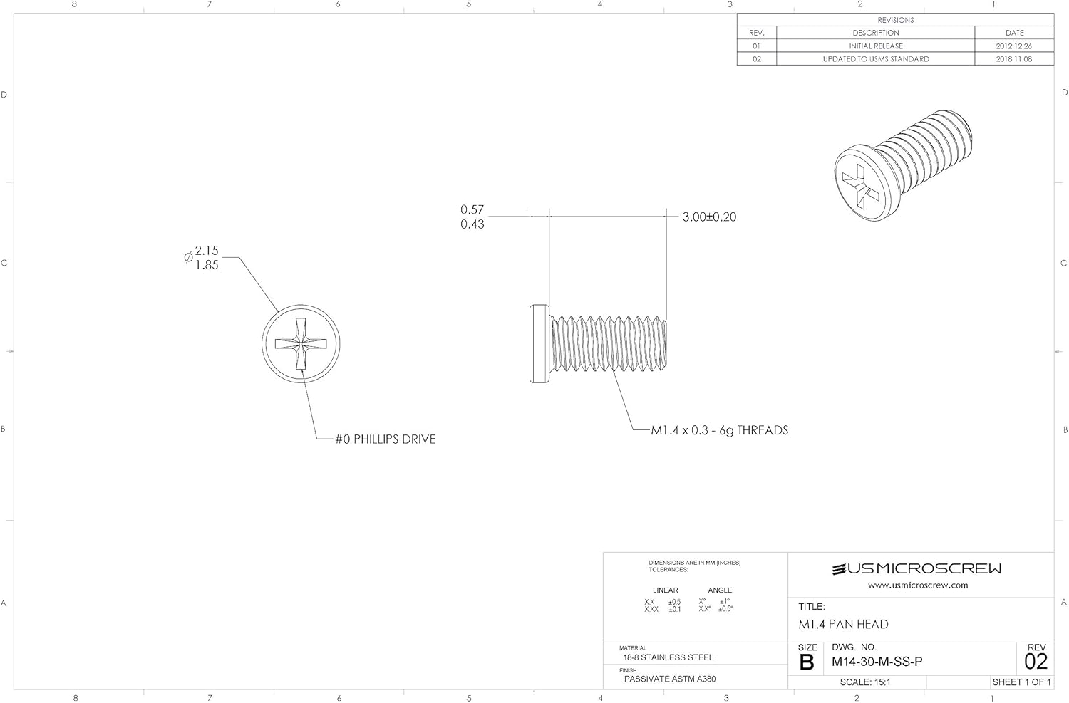 M1.4 X 3mm Machine Screw Stainless Steel Pan Head Phillips Drive (100 Pcs) - M14-30-M-SS-P