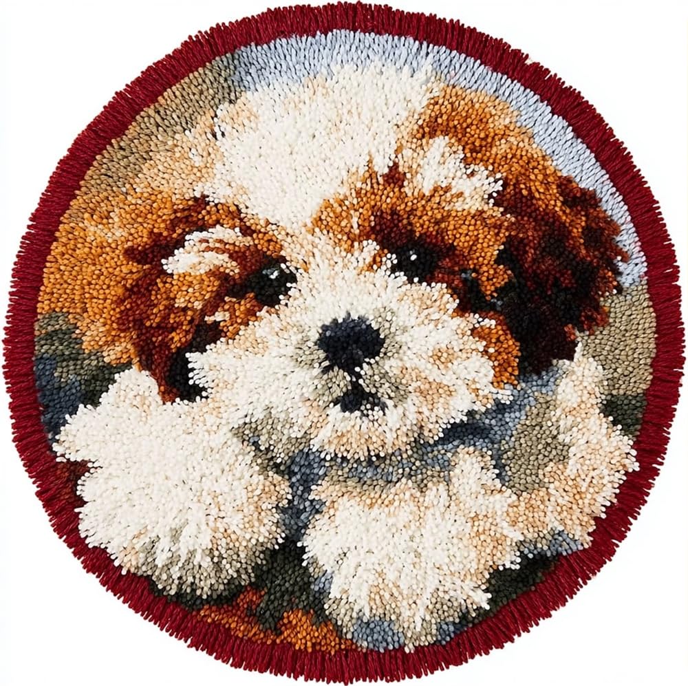 kitphoenix Round Latch Hook Rug Kits, Dog 50X50Cm Home Carpet Rug Making Canvas Kits, DIY Crochet Kits Embroidery Kits Needlework Crafts for Home Decor, Latch Hook Kits for Beginners Adults