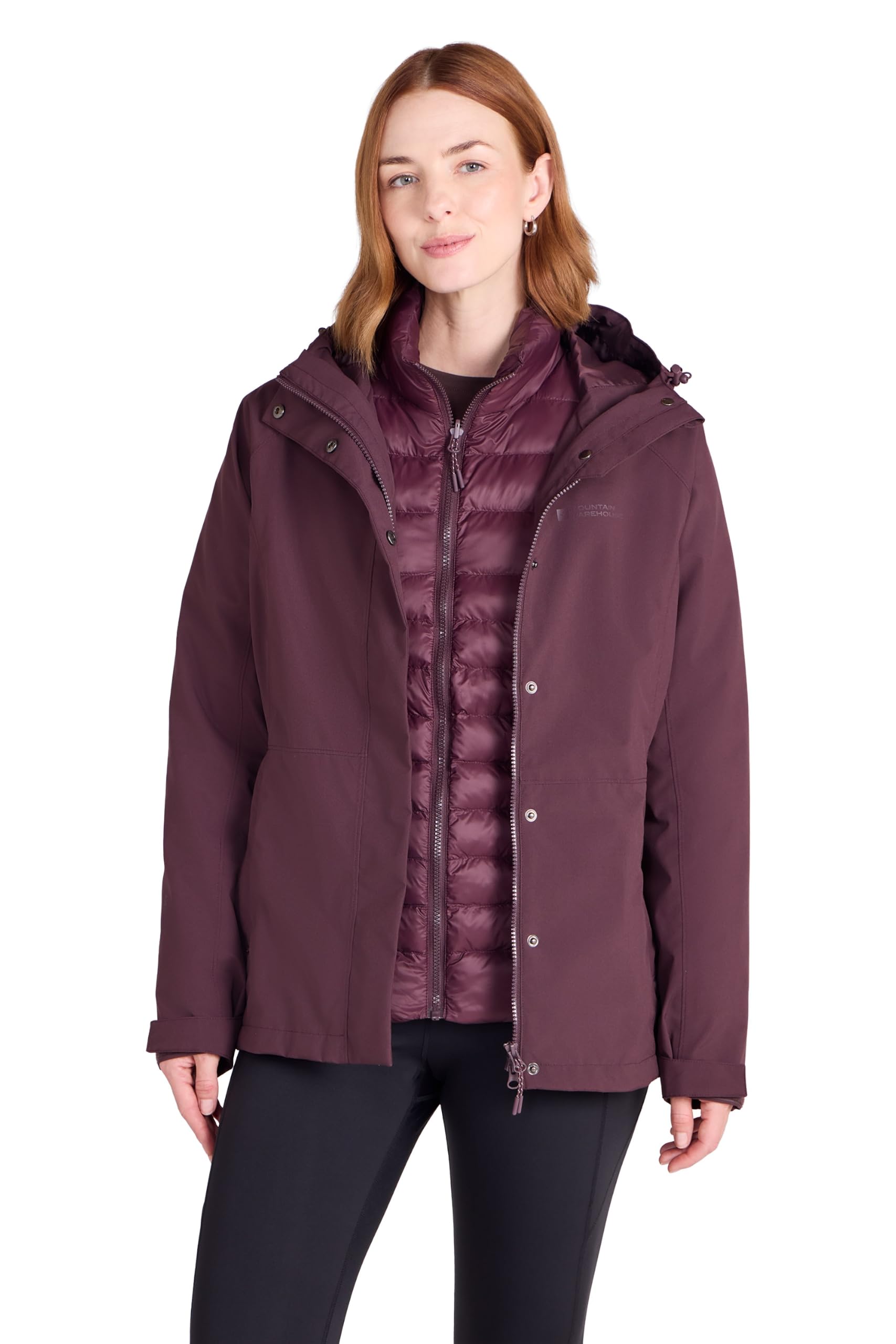 Mountain Warehouse Women's Burgundy 'Alaskan' 3 In 1 Short Jacket Waterproof Lightweight Padded Hood Coat In | Size: 8