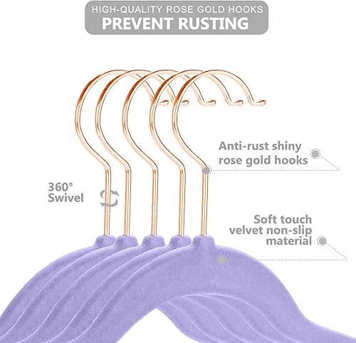 Miniatura 4 de MIZGI Perchas de terciopelo prémium para niños (paquete de 50) con ganchos de cobreoro rosa, ultra finas que ahorran espacio, perchas