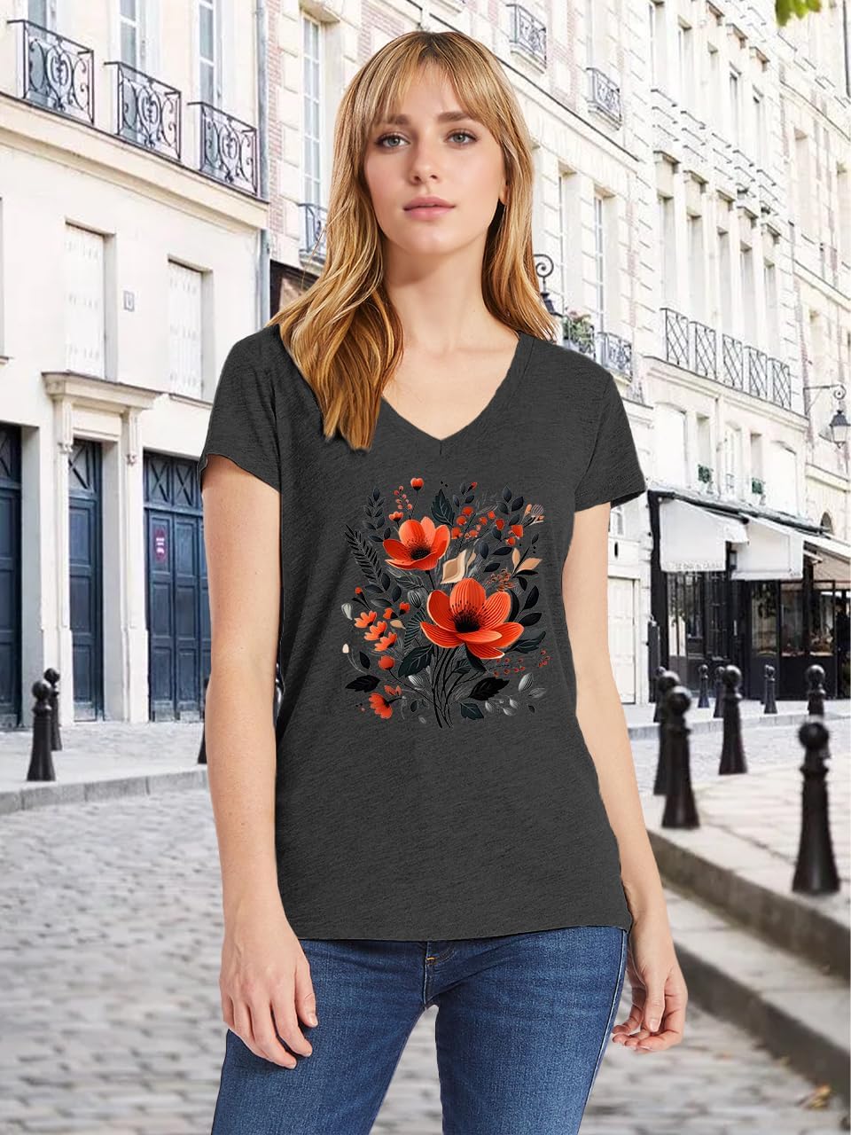 V Neck T Shirts for Women Cute Flower Graphic Tees Summer Tops Floral Print T Shirts Vintage Wildflower Tees - Image 4