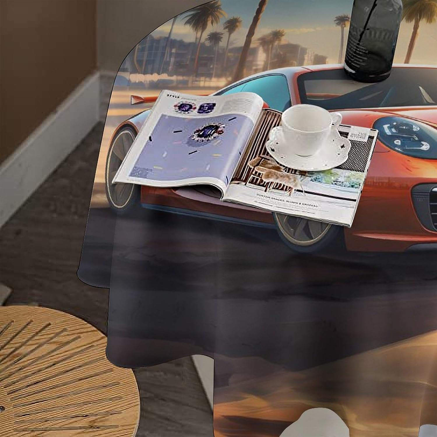 Sport Car Beach Sunset Round Tablecloth Soft Table Cloth Decorative Dining Table Cover for Parties Indoor Outdoor Decor