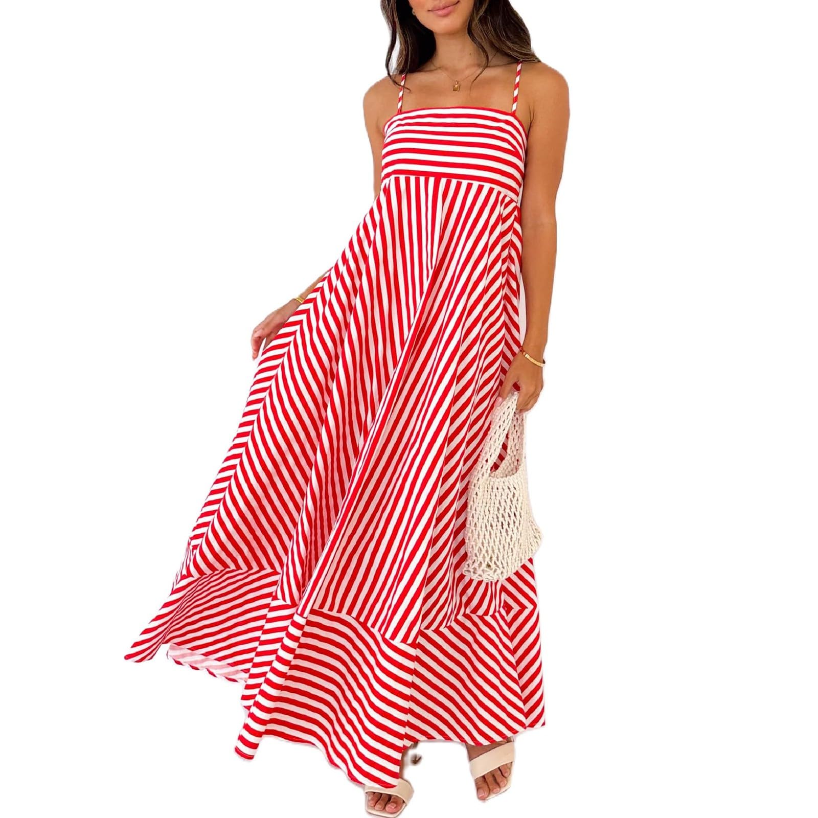 Robe de plage longue à rayures pour femme - Robe maxi simple et légère | Robe de loisirs à bretelles spaghetti, sans manches, à rayures verticales, robe de maison, robe à bretelles dénudées