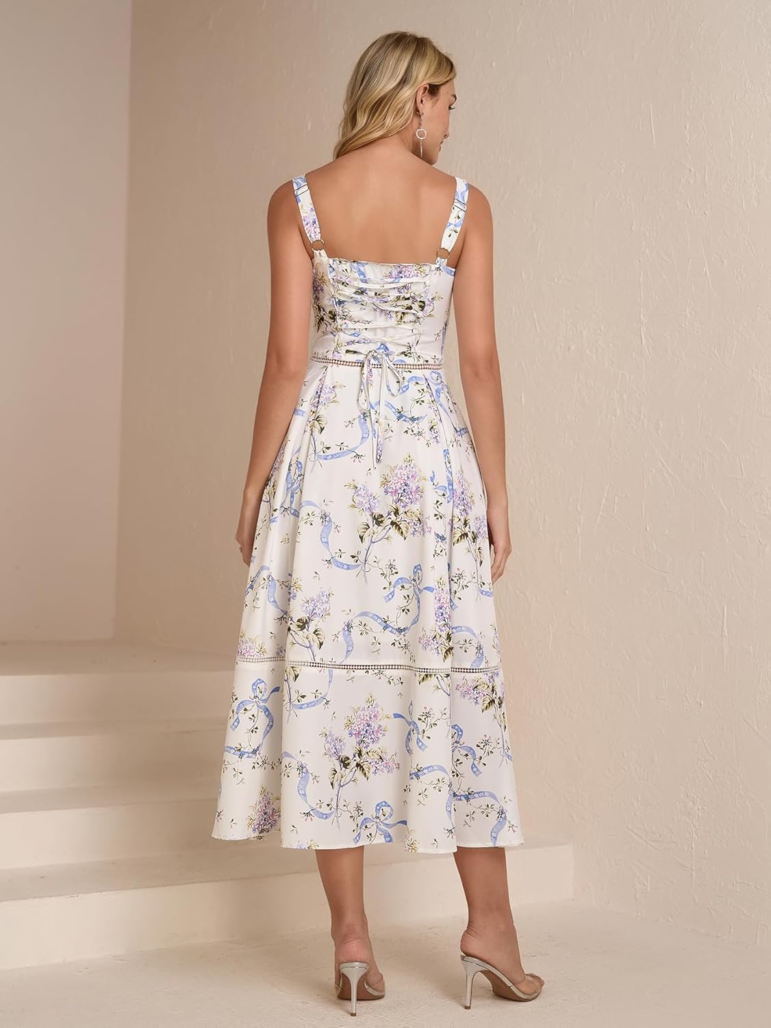 KUTUMAI Floral Corset Midi Dress Lace Up Cutout Flowy Summer Wedding Guest Dresses for Women Sundress with Pockets - Image 3