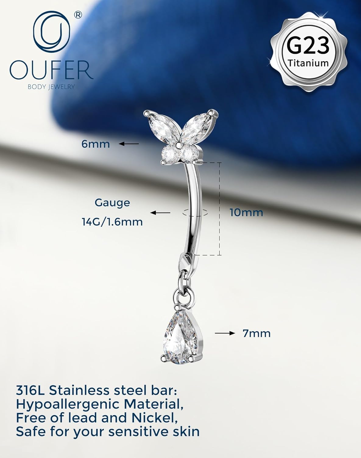 OUFER Hypoallergenic Surgical Steel Belly Button Rings, 14g Internally Threaded Dangle Belly Rings for Women, Flower Butterfly Navel Piercing Jewelry Curved Navel Ring - Image 6