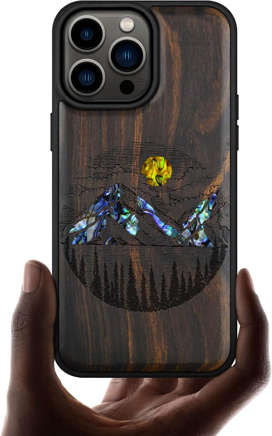 Carveit Designer Wooden Protective Magnetic Case for iPhone 14 Pro Max Case [Wood Engraving & Shell Inlay] Compatible with 14 Pro Max MagSafe (Aztec Style Alpine Lakes-Rosy)