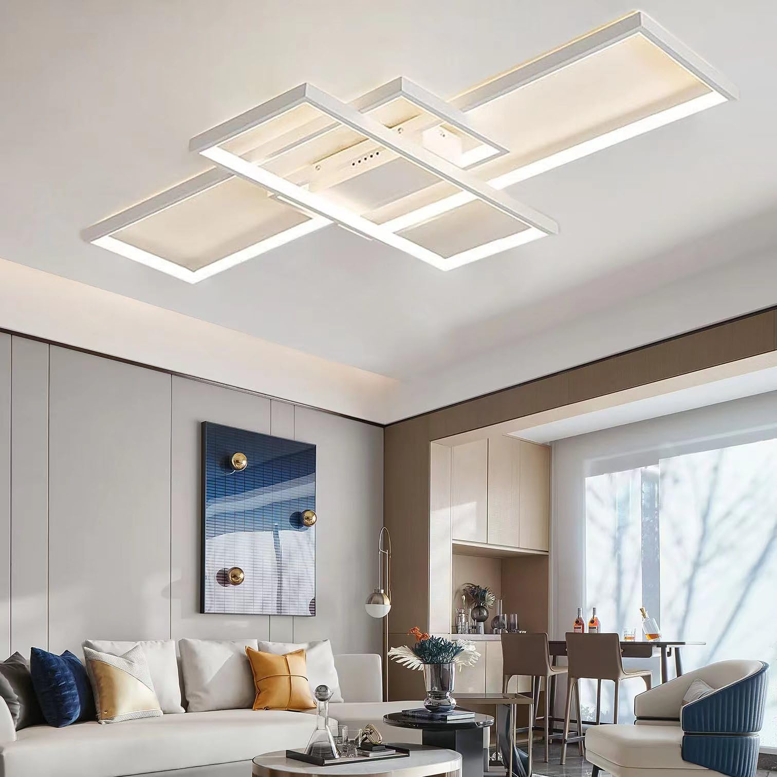 ASJK Lampadari LED a Soffitto Moderni 82W Plafoniere LED a Soffitto, Illuminazione a Soffitto Multifunzionale Geometrica 3000K-6000K per Soggiorno (105cm, Bianco)