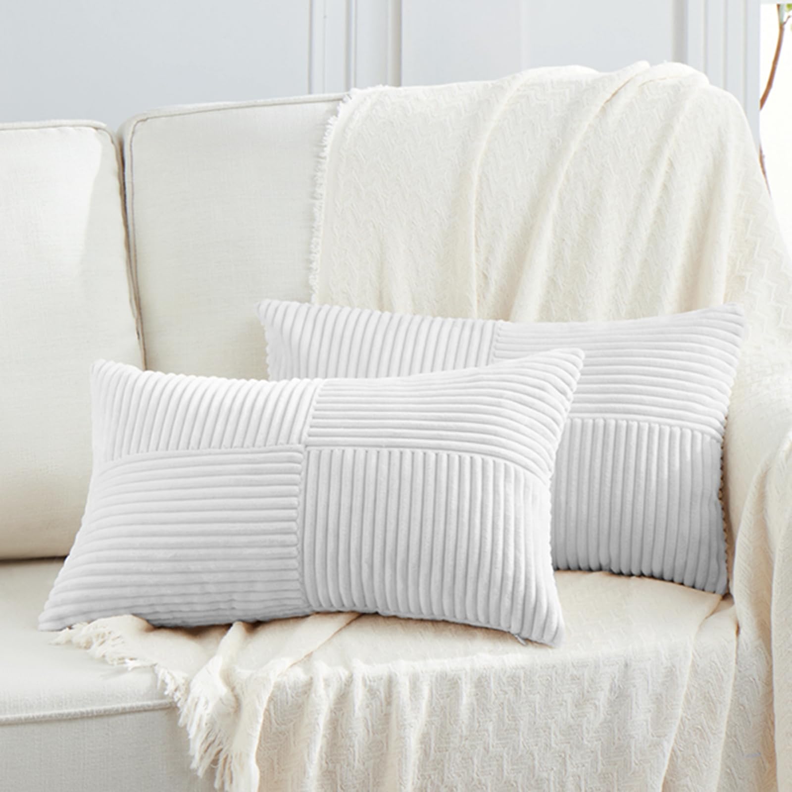 FDTERN 2er Set Reines Weiß Kordsamt Kissenbezug 30x60CM Weich Moderne Dekorative Kissenbezüge Kissenhülle Dekokissenbezug Sofakissen Dekokissen Boho Deko für Sofa Schlafzimmer Wohnzimmer Balkon