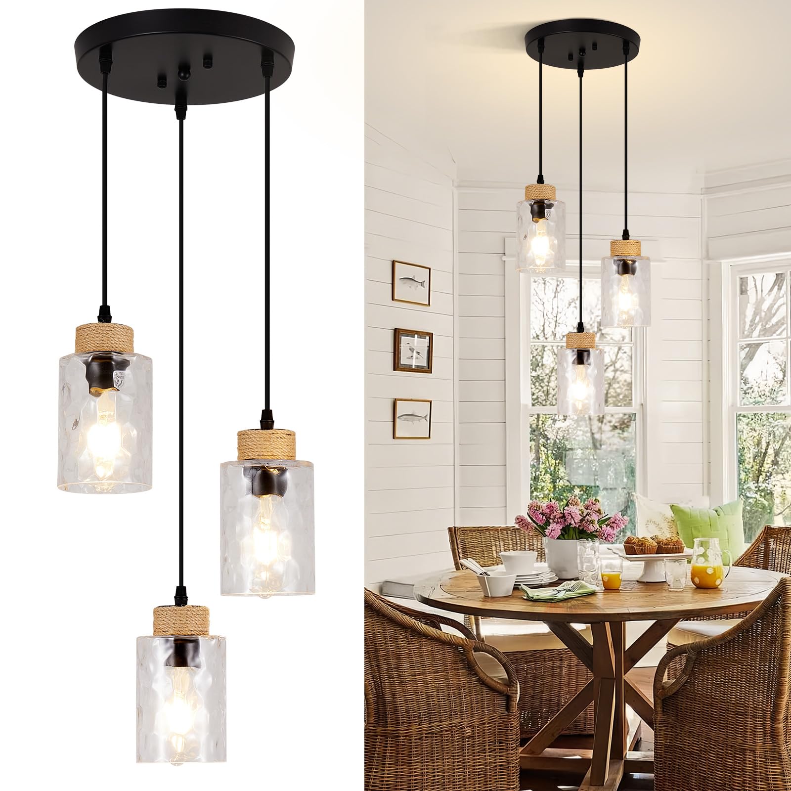 Modern Pendant Lights Kitchen Island, 3-Light Black Pendant Light Fixtures with Clear Hammered Glass Shade, Industrial Farmhouse Hanging Pendant