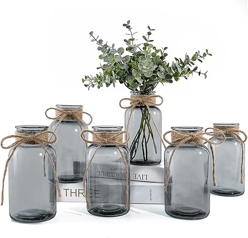 Miniatura 14 de Jarrones de vidrio vintage para flores, juego de 6 jarrones transparentes para casa de campo, boda, centro de mesa, botella cilíndrica para