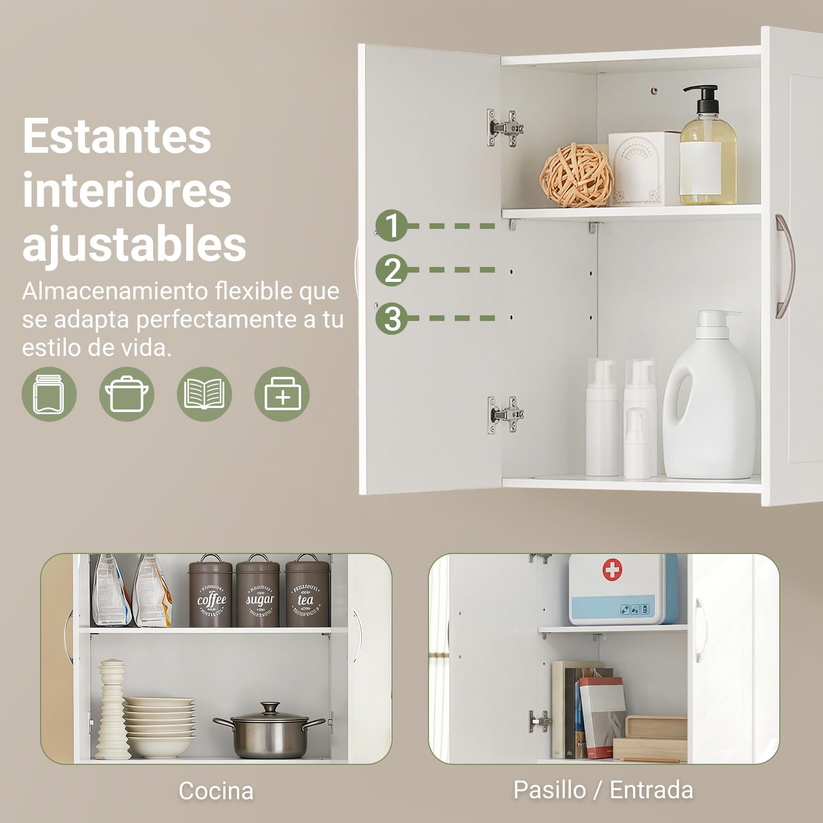 SoBuy Mueble Cocina Pared - Armario de Cocina con 2 Puertas Blanco Armario Pared Salvaspazio de Madera 60x30x60 cm con Estante Ajustable Despensero Moderno FRG231-W