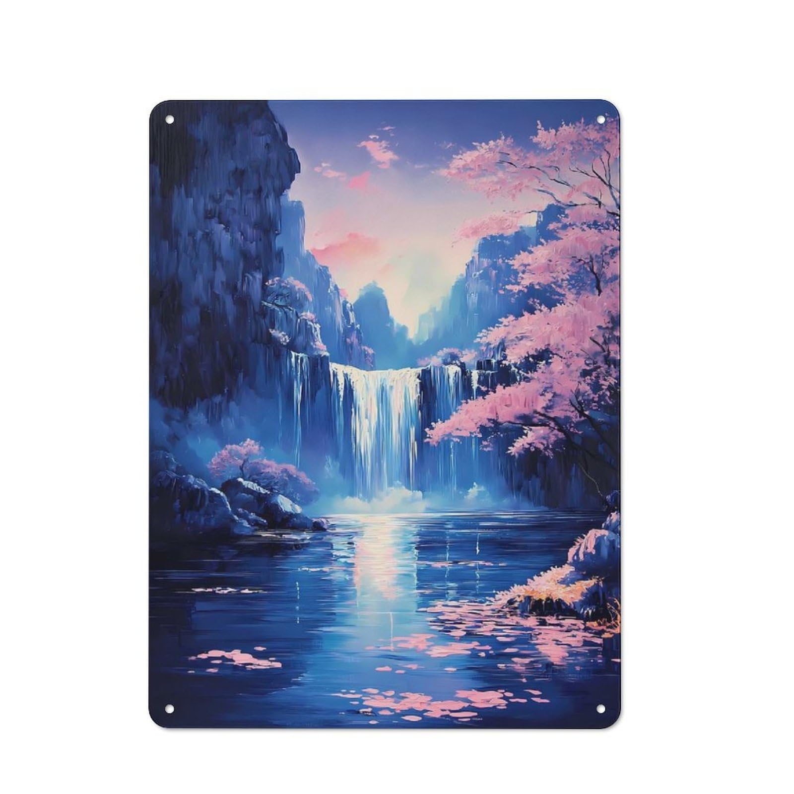 Junmoney Waterfall Serenity Cherry Blossom Nature 40X30cm Retro Tin Sign With For Dining Room Or Kitchen, For Metal Sign Collectors, For Garage And Workshop Walls