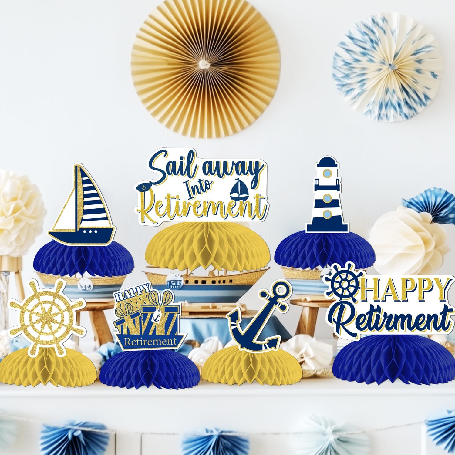 8 Pcs Nautical Retirement Party Decorations Sailing Into Retirement Table Honeycomb Centerpieces Nautical Themed Retirement Adventure Awaits Sign for Sailor Men Retirement Party Supplies image 2
