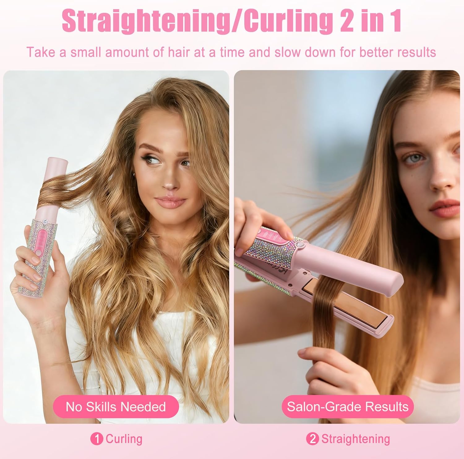 2-in-1 Cordless Hair Straightener Curler, Pink Rhinestone Mini Wireless Titanium Flat Iron, 5000mAh USB-C Rechargeable, 2S Fast Heating, Up to 410°F, Portable Styling Tool (FCC Certified)