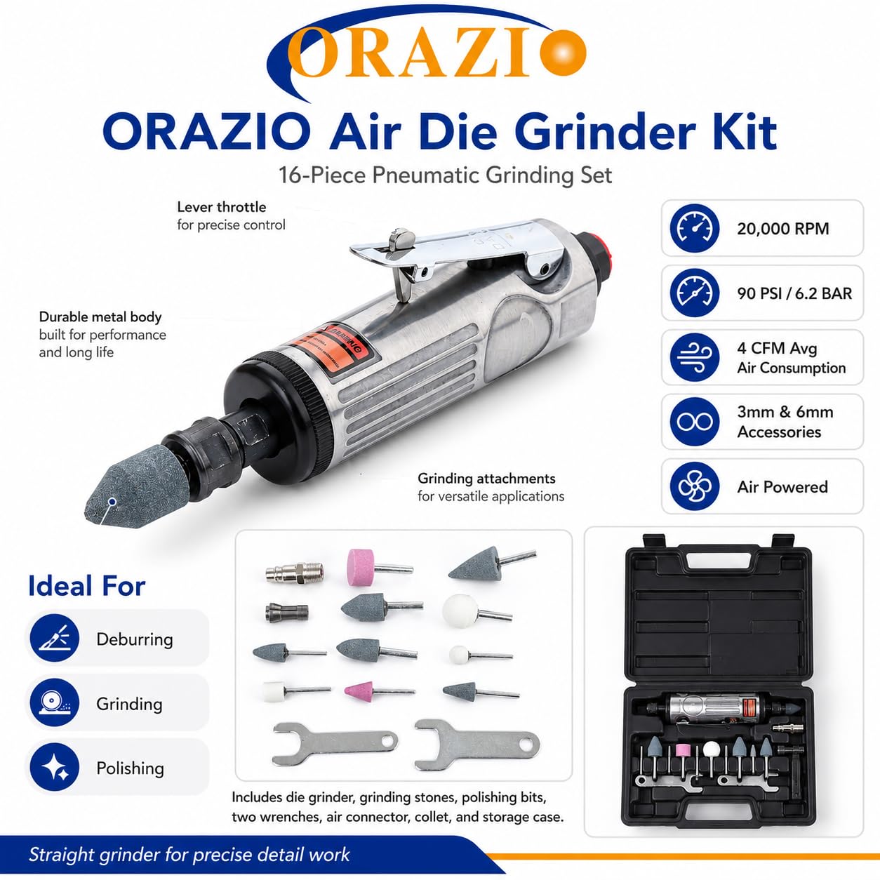 ORAZIO 212505B - Kit per smerigliatrice pneumatica, mini smerigliatrice dritta per riparazione pneumatici e altre applicazioni, con accessori da 3 mm e 6 mm, 16 pezzi