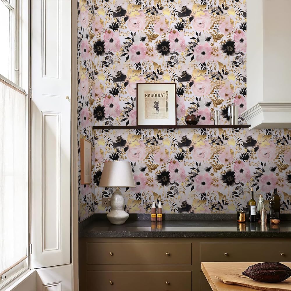 REDAMANCY 17.7"x236" Pink Gold Black Peony Flower Modern Peel and Stick Wallpaper Modern Wall Paper Stick on Contact Paper Easy Peel Off for Bedroom nightstand Drawer Renter Friendly