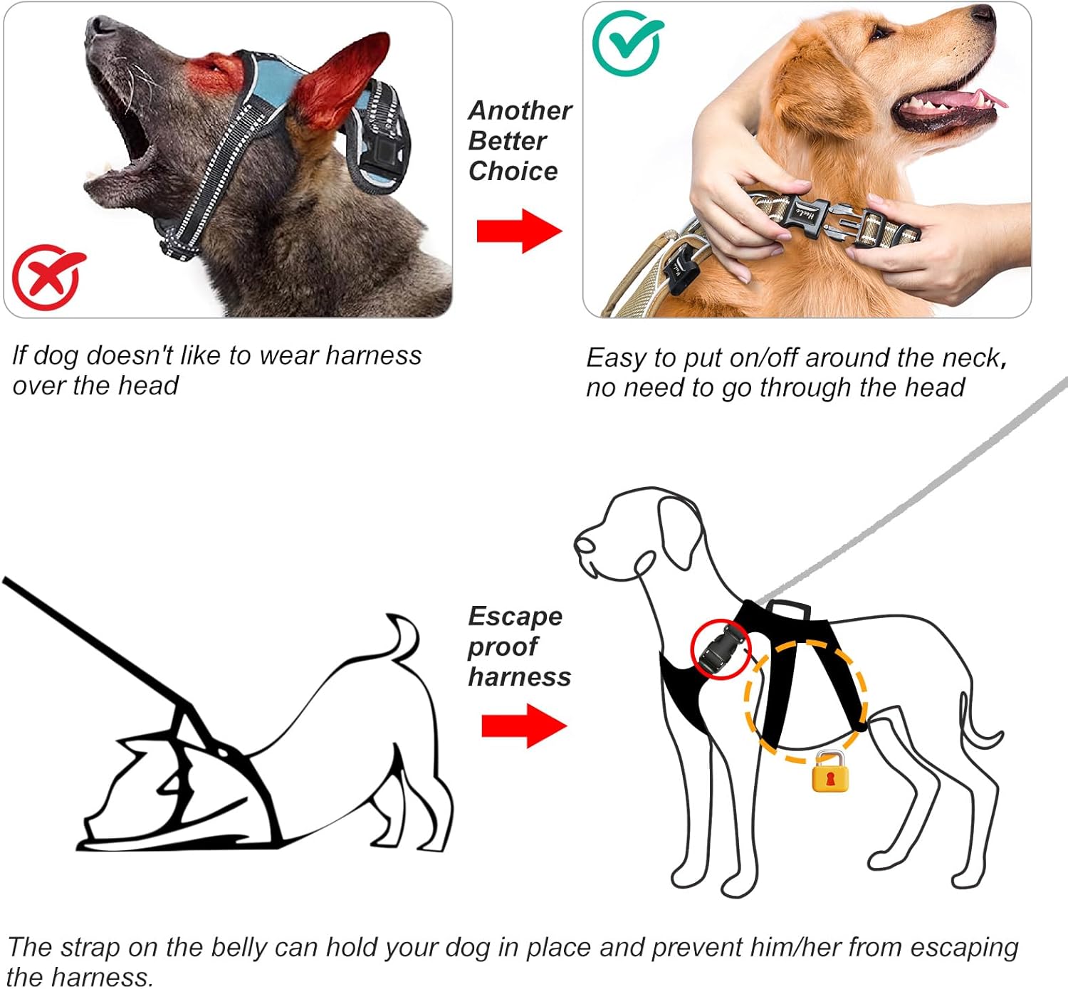 HEELE Dog Harness, Escape Proof Dog Harness, Release on Neck, No Pull Reflective Adjustable Vest with Durable Handle, Dog Harness for Outdoor Training Walking, Dog Harness for Large/Active Dogs, L