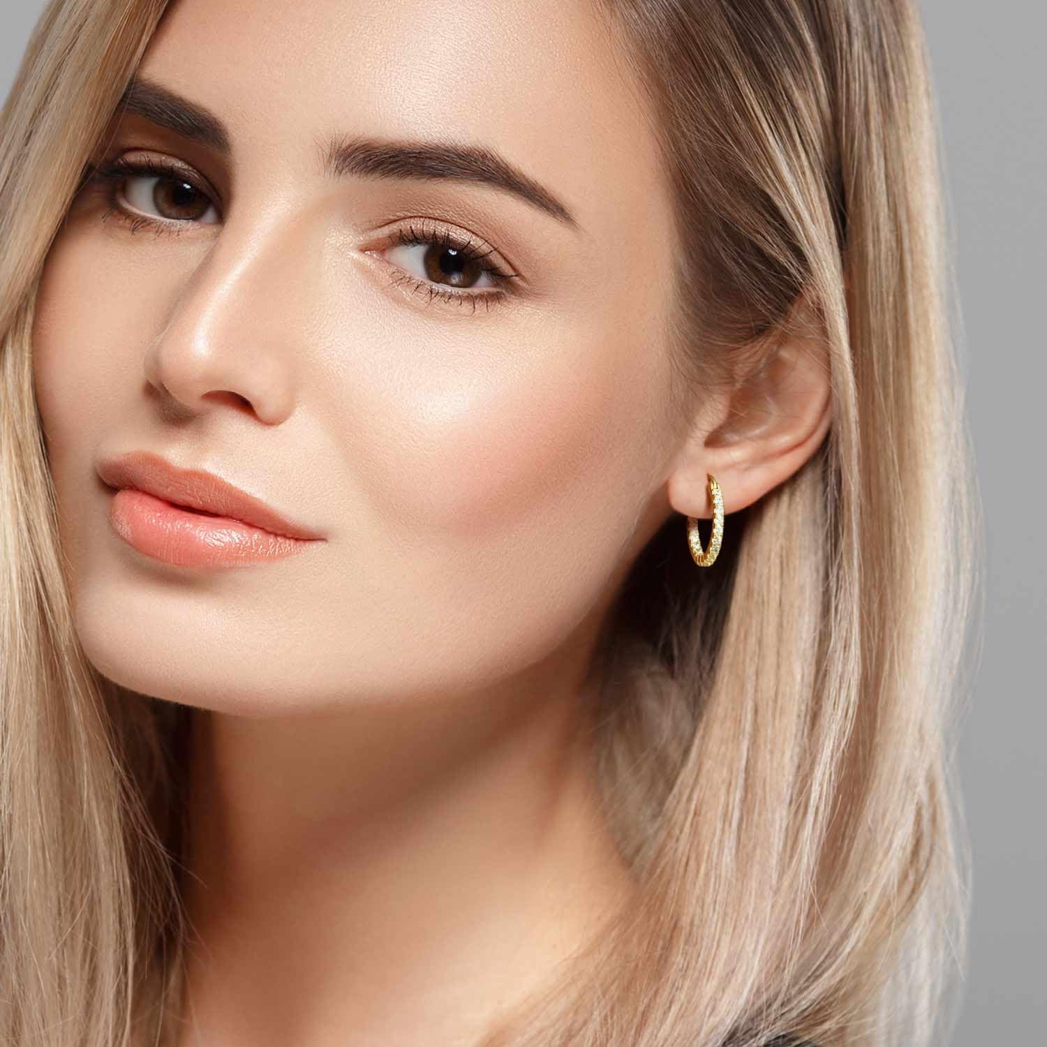 Gold Hoop Earrings 14K Gold Hoop Earrings for Women Lightweight 14 Karat Hoops Earring Dual-sided Cubic Zirconia Womens Earring Hoops 20/30mm