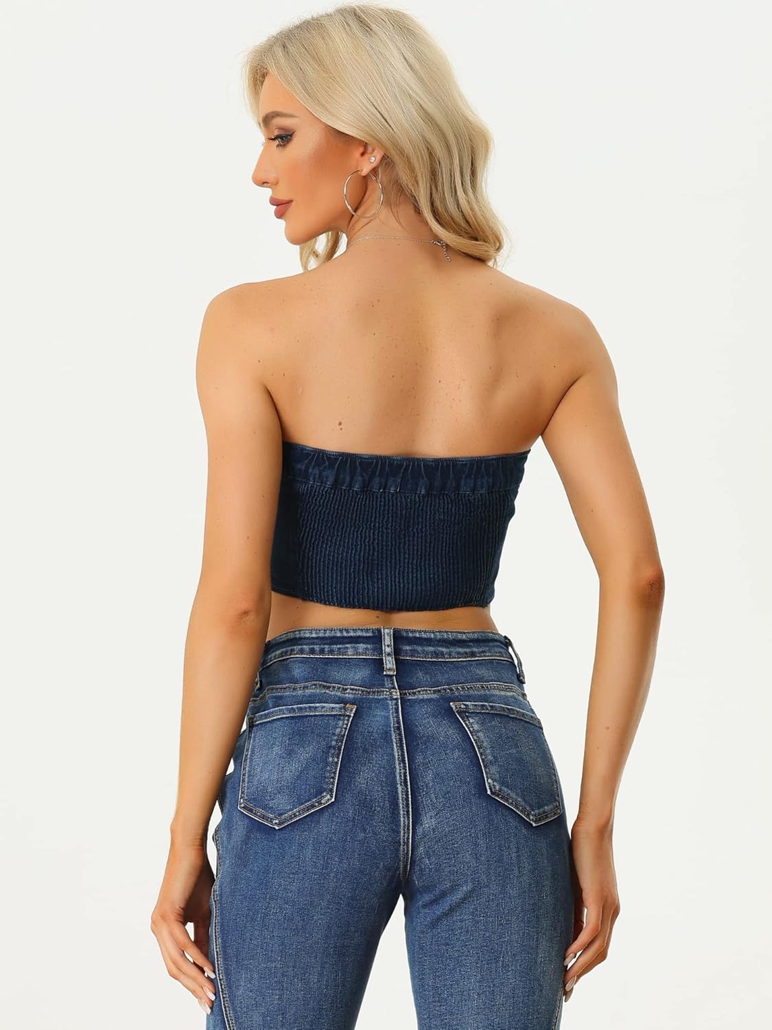 Allegra K Denim Crop Tube Top for Women's Strapless Sleeveless Button Corset Top - Image 3