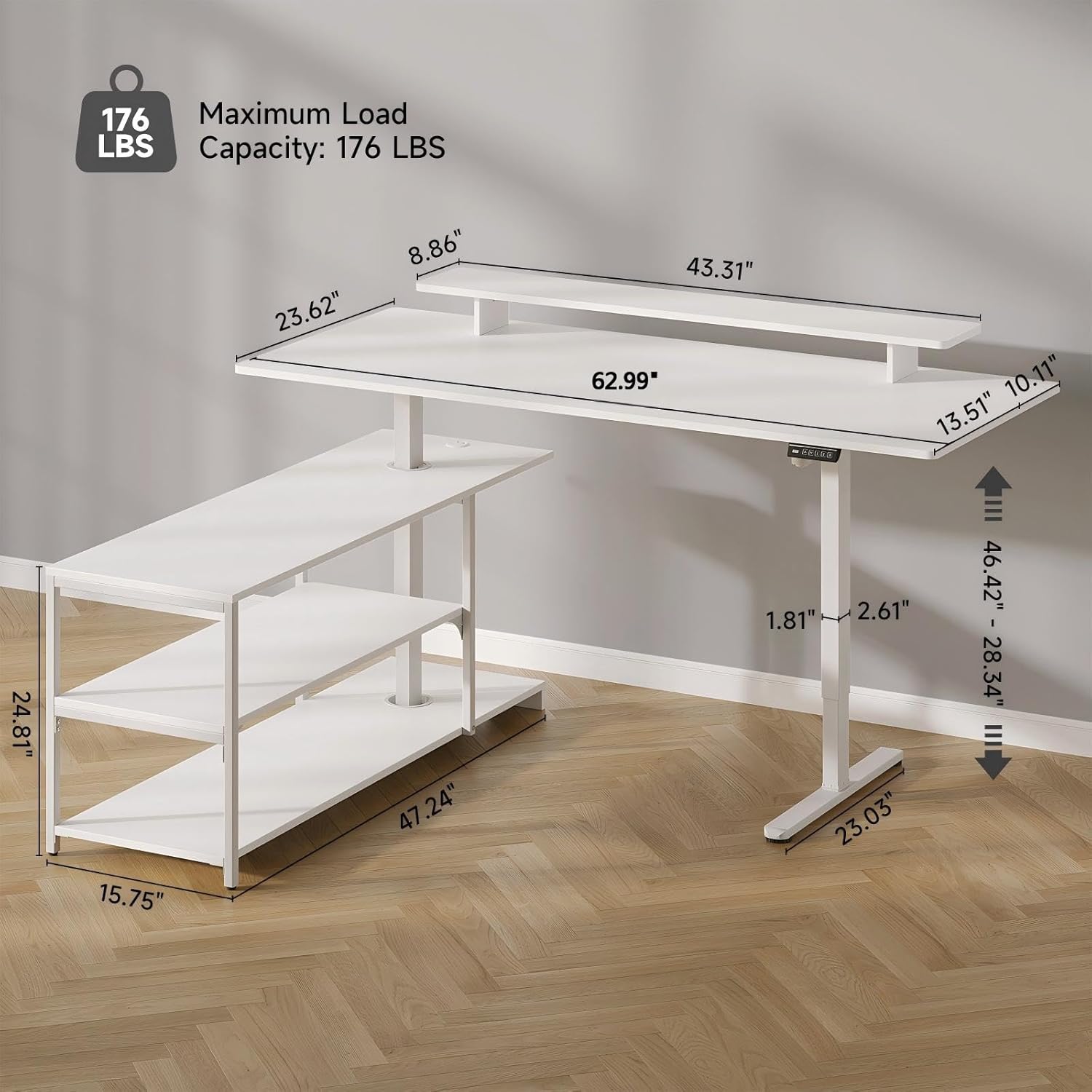Standing Desk with File Cabinet, 63x24'' L Shaped Electric Stand Up Desk with Adjustable Monitor Shelf, Adjustable Height 28-46'' for Home and Computer Workstation, White