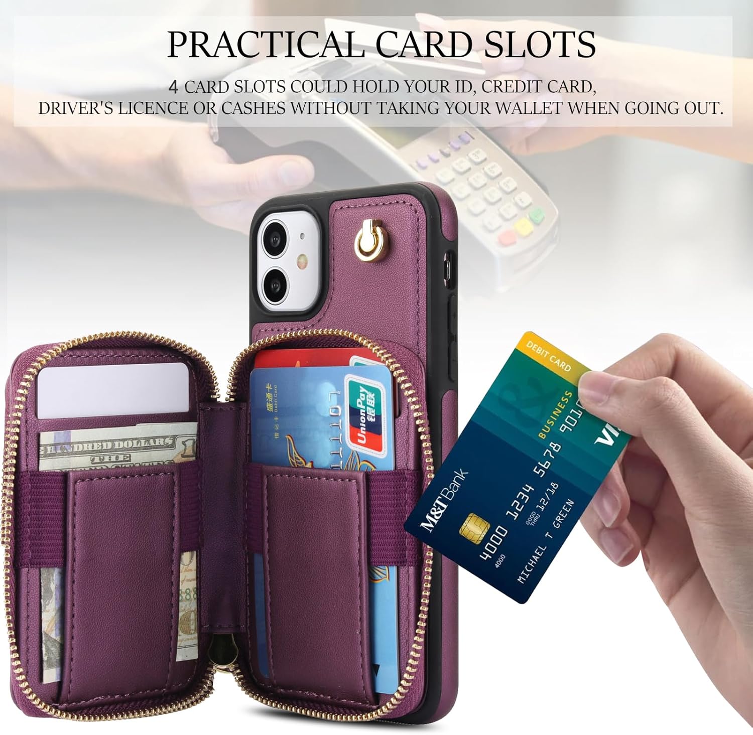 Phone Case for iPhone 11 6.1 Wallet Cell Cover with Tempered Glass Screen Protector Wrist Crossbody Strap RFID Blocking Card Holder iphone11case iPhone11 i Phone11 11s XI 11R Women Girls Dark Purple