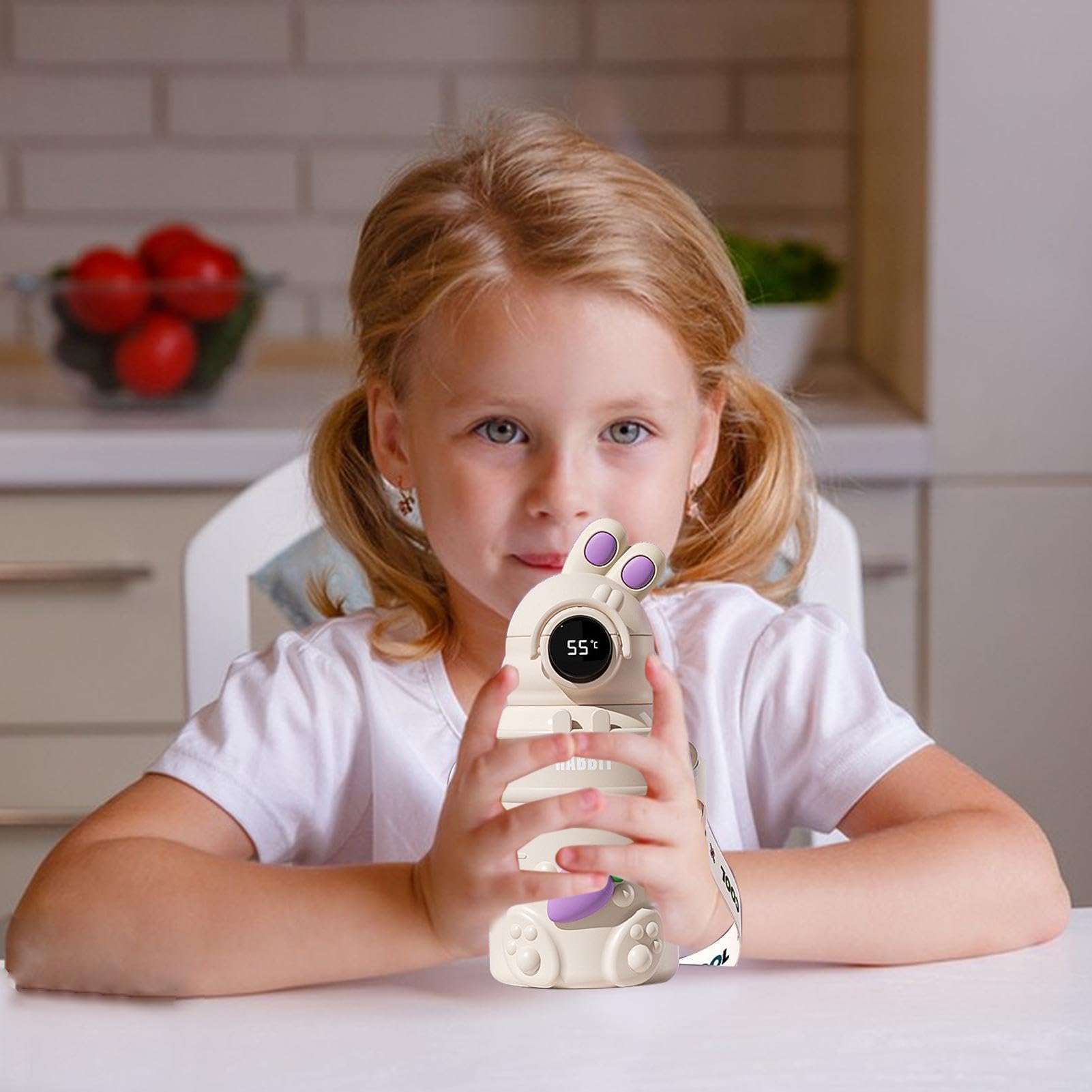 Borraccia con cannuccia, in acciaio , isolata, 500 ml, leggera | con display digitale della temperatura, a prova di perdite, per sport, con cinturino, per viaggi e scuola