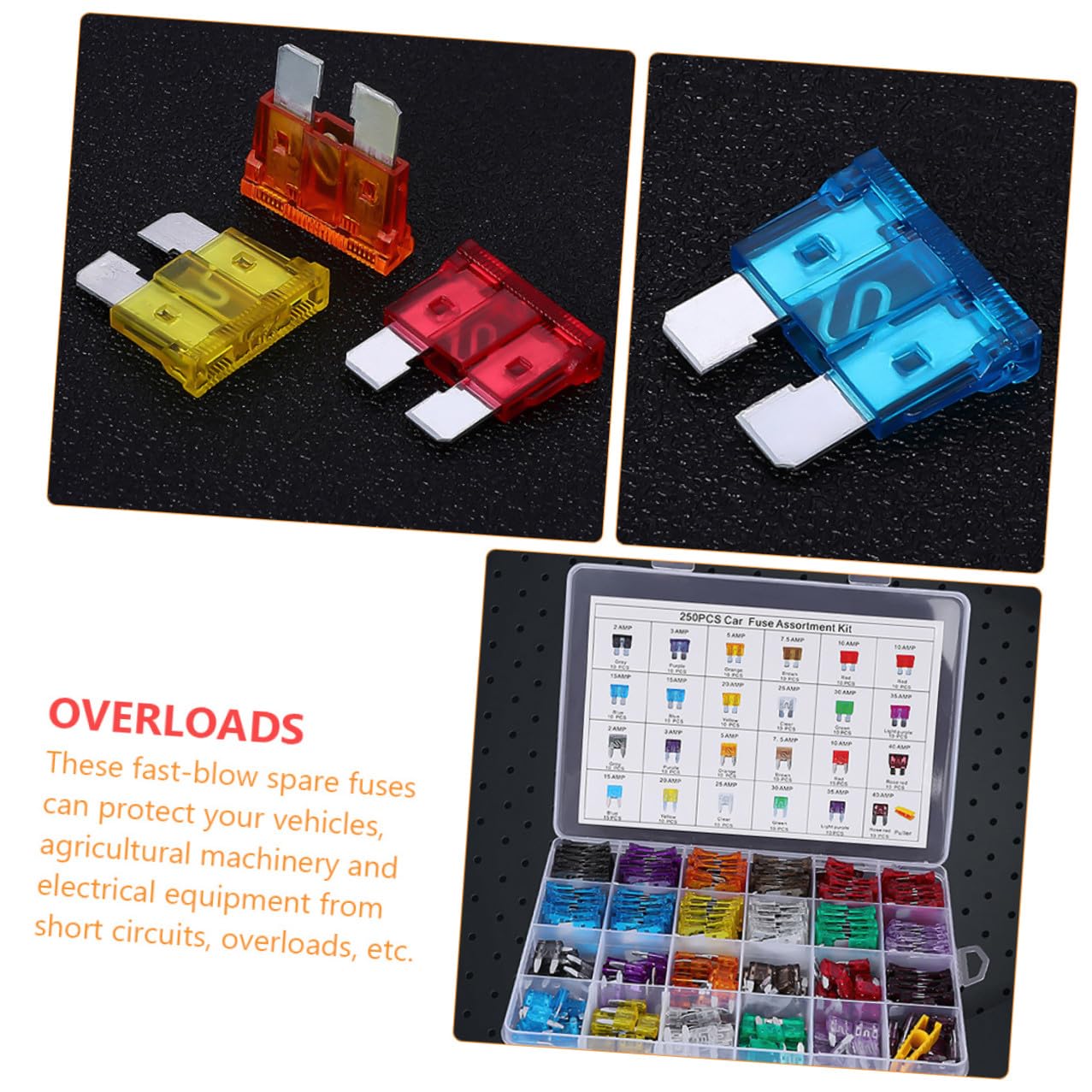 250Pcs Car Vehicle Fuse Assortment Kit Standard Replacement Blades for Auto Truck Suvs Rvs Transparent PE Shell Insert Electrical Protection