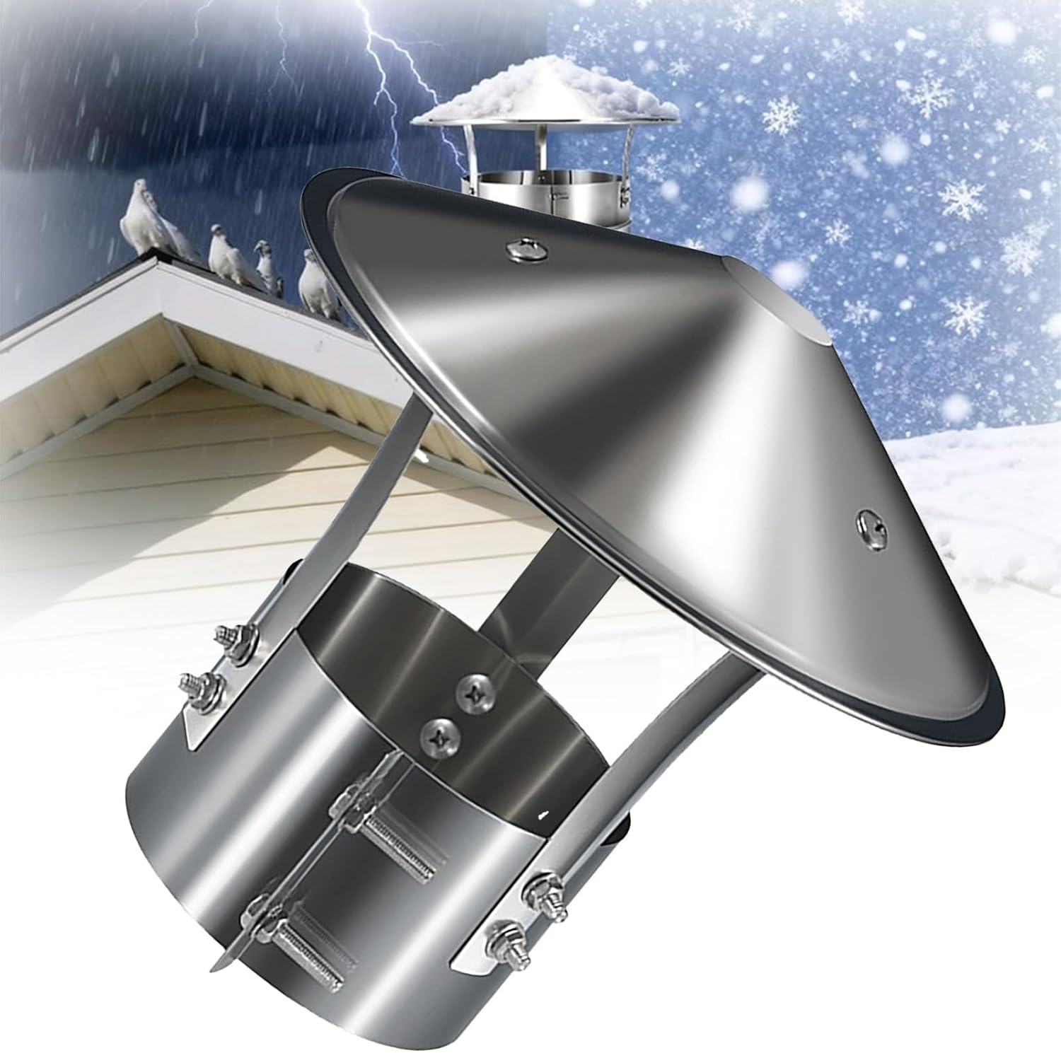 Chimney Cap with Cone Top, 201 Stainless Steel Round Chimney Cover Adjustable Exterior Stove Pipe Topper, 4in 5in 8in Rain Cap for Chimney for Fireplaces Fireplace Flue, Furnace Vent(160mm/6.3")