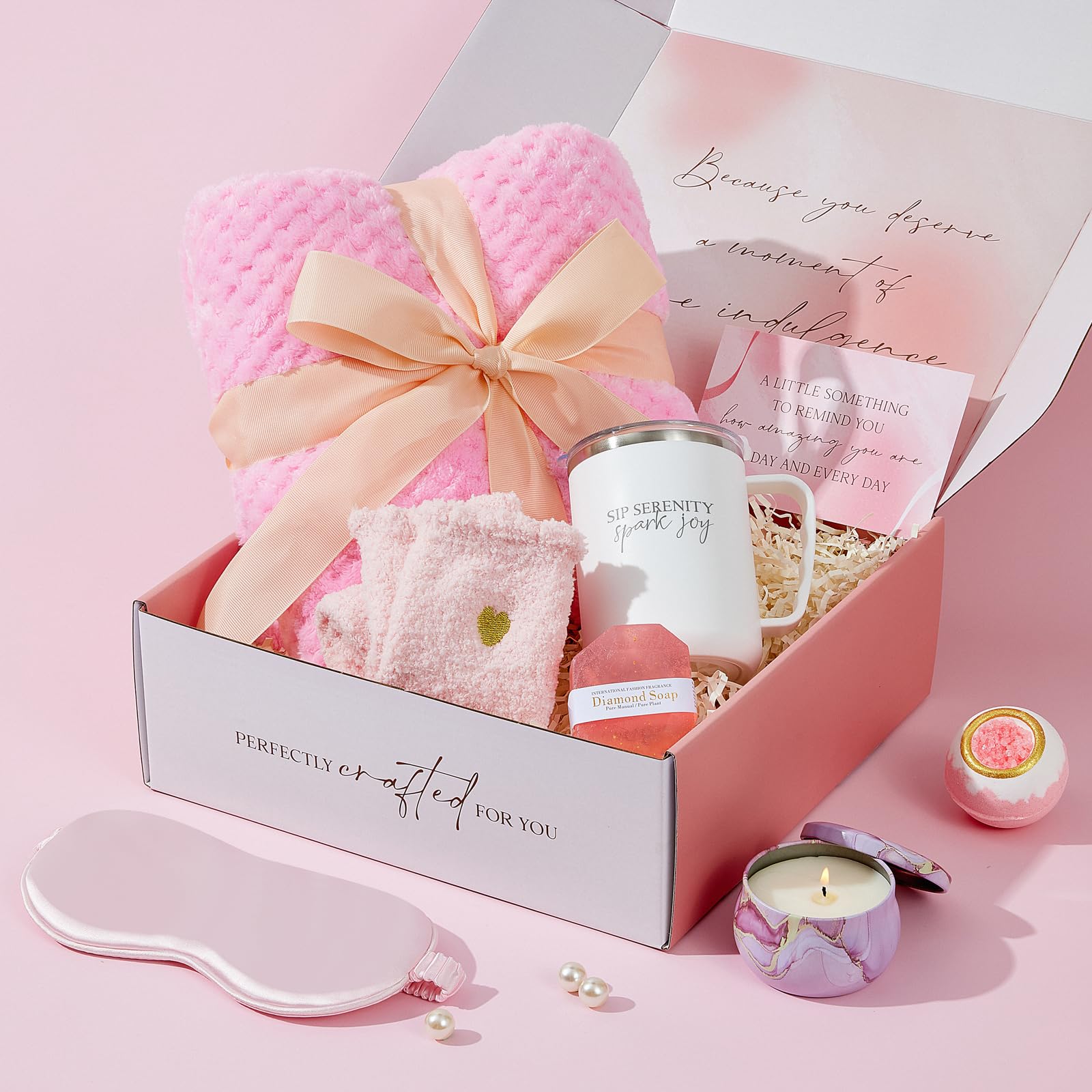 Self Care Gifts Get Well Soon Rose Relaxing Spa Gift Basket Care Package Luxury Flannel Blanket Unique Graduation Birthday Box for Her Wife Best Friend Sister Grandma Daughter Teacher