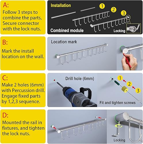 Miniatura 7 de Estante colgante de cocina, soporte para ollas de pared de 20 pulgadas con 10 ganchos deslizantes silenciosos, organizador de rieles para utensilios