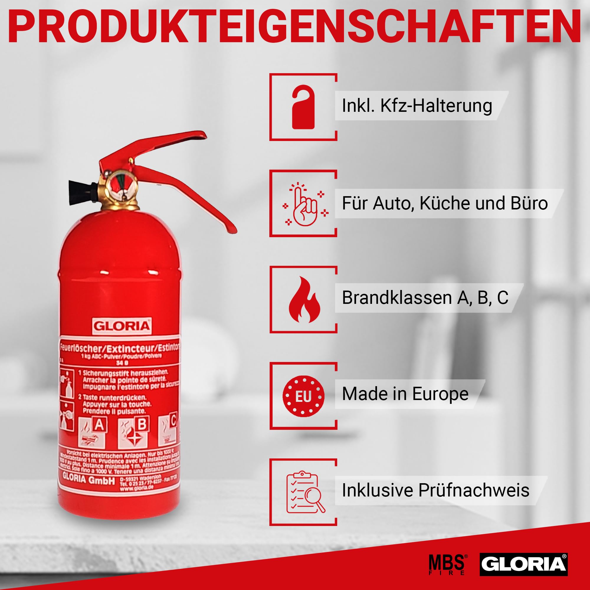 GLORIA - 1kg Pulver-Autofeuerlöscher - PDE 1 GA - mit Manometer - mit Kfz-Halterung - für die Brandklassen A,B,C - inkl. Prüfnachweis