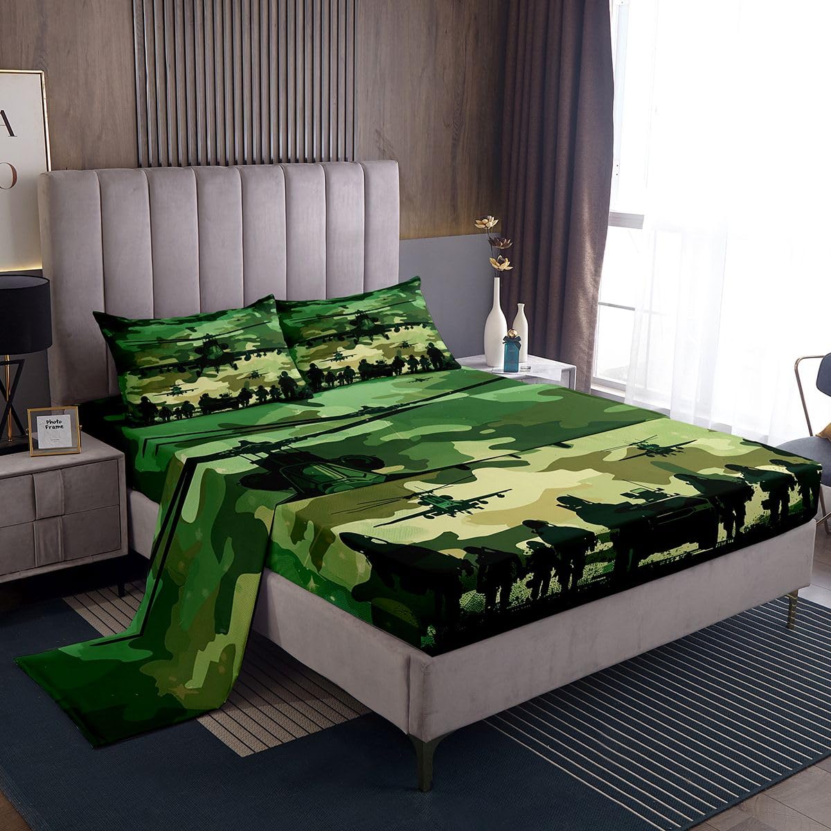 jejeloiu Camo Bed Sheets Set King Size Camouflage Bed Set for Kids Boys Girls Army Theme Deep Pocket Fitted Sheet Military Style Breathable Soft Lightweight Microfiber Army Green