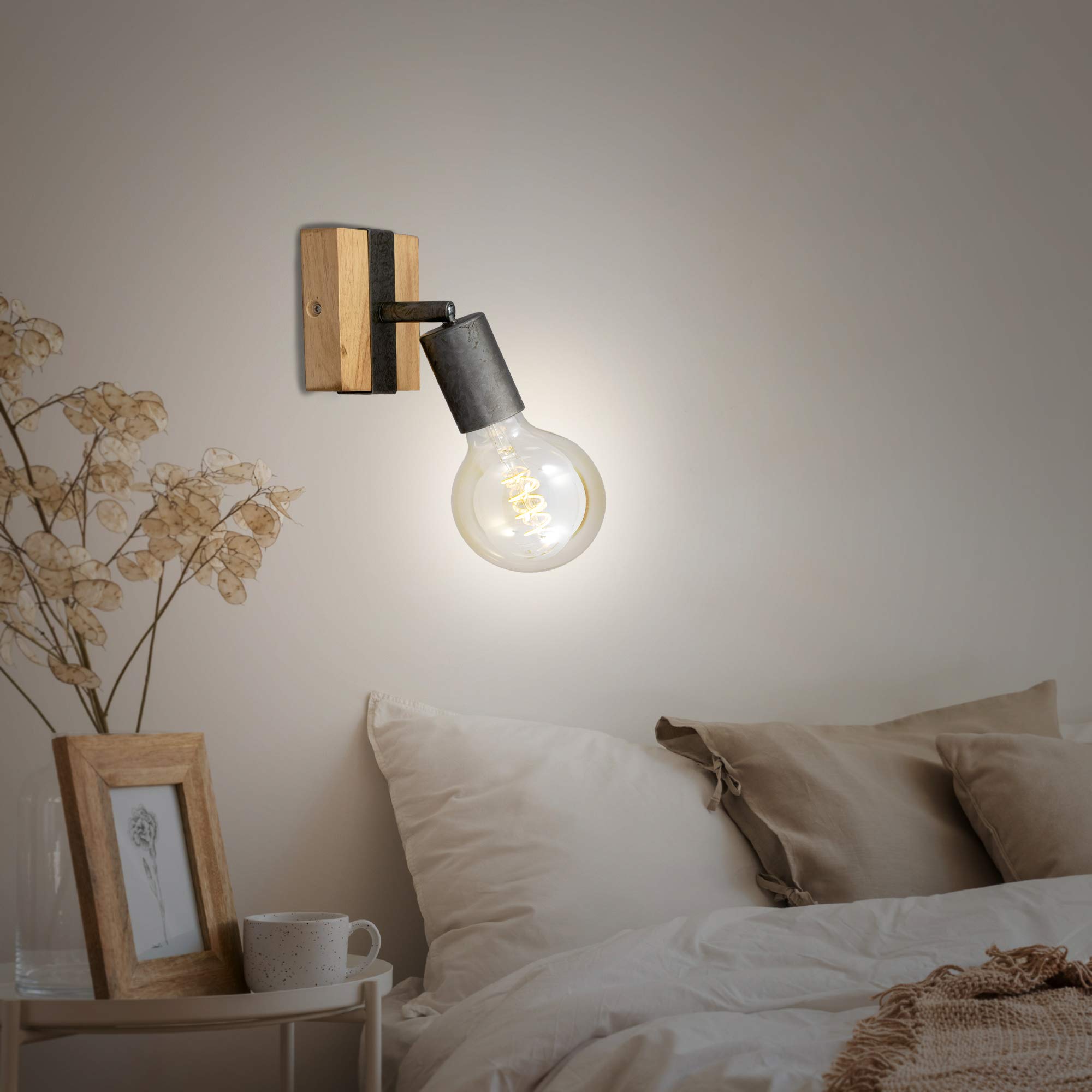 BRILONER - Wandleuchte Innen schwenkbar, Vintage, Holzbasis, Wandlampe innen, Wandstrahler, Wandlicht, Wandbeleuchtung, Schlafzimmer, Flurlampe, Wall Light, 10x10,3x9 cm, Holz-Schwarz