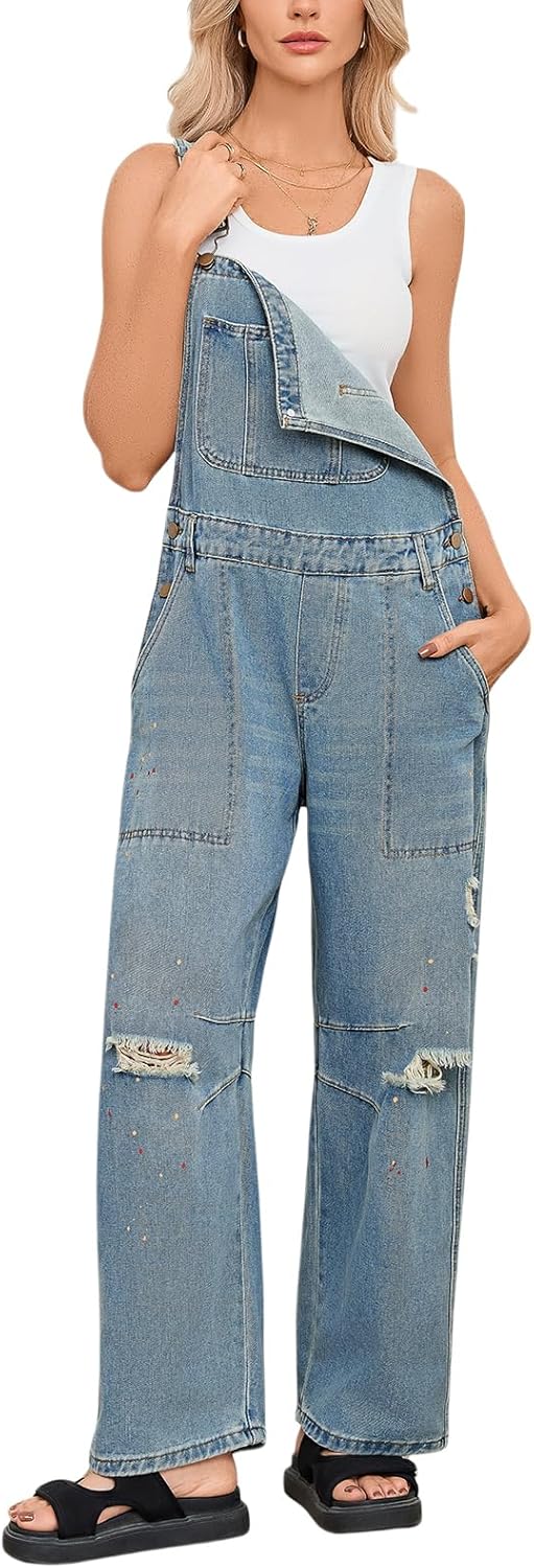 D-Sun Women's Denim Bib Overalls Wide Leg Y2K Distressed Baggy Barrel Leg Jumpsuit Adjustable Strap Denim Pants Romper