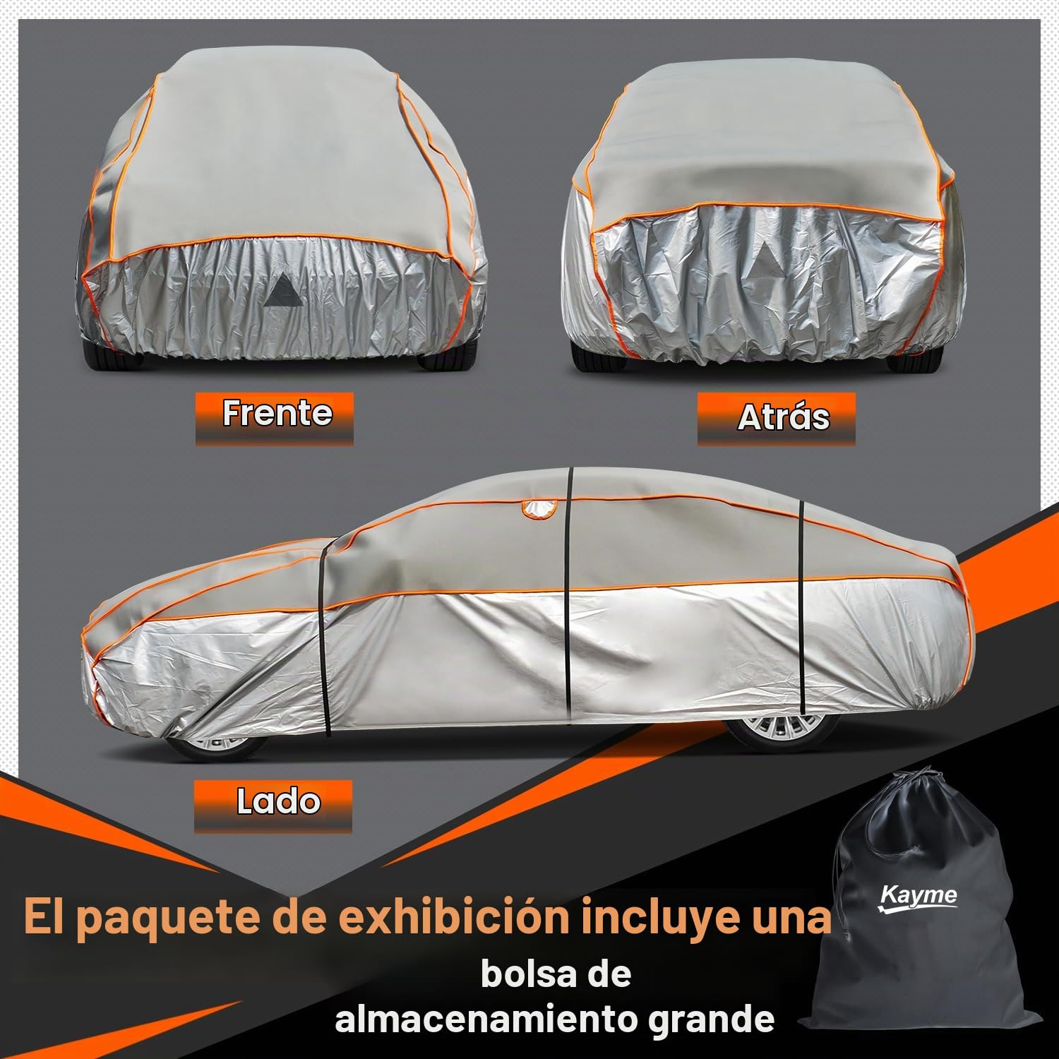 Funda Coche Antigranizo, Kayme Cubre Coches Exterior Impermeable Transpirable Antipolvo Anti-UV, Funda Repelente Cubierta para Coche con Tira Reflectante para Sedán (475 a 495 cm) 3XL Gris