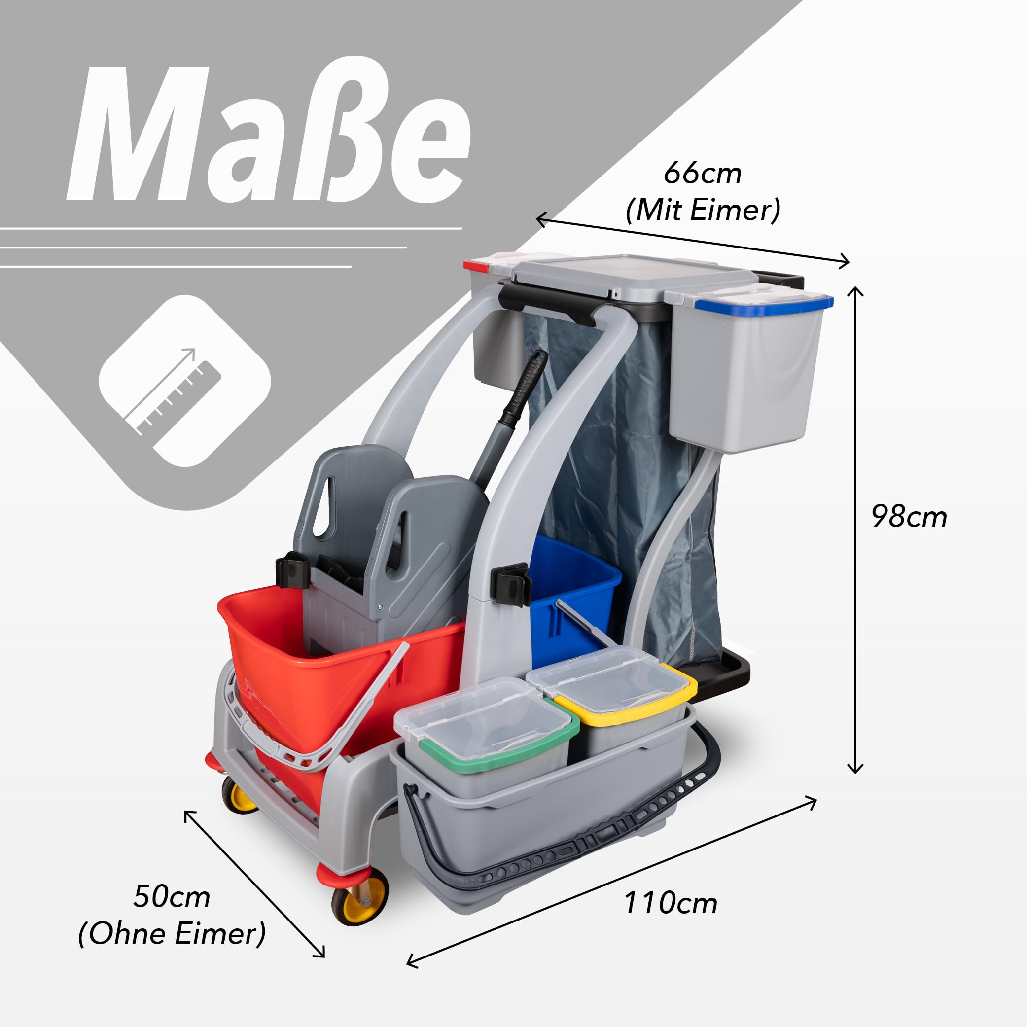 G.I.V. Multifunktions Reinigungswagen - Putzwagen mit Vertikalpresse, 2x18L Eimer, 4-Farbsystem Eimer + Deckel je 6L, zusätzlicher Putzeimer, Dauerabfallsack, leise Räder, Halterungen für Stiel + Mopp