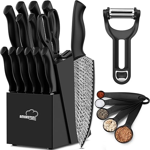 Juego de cuchillos de cocina de 21 piezas con bloque afilador de cuchillos integrado, apto para lavavajillas, juego de bloques de cuchillos de acero