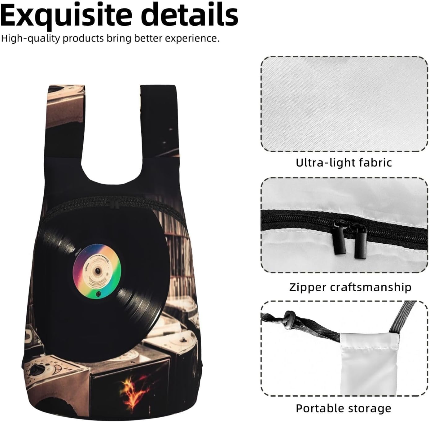 Vinyl Records Backpack - Lightweight 16L Foldable Hiking Daypack Packable Back Pack Travel Bag Zipper image 5