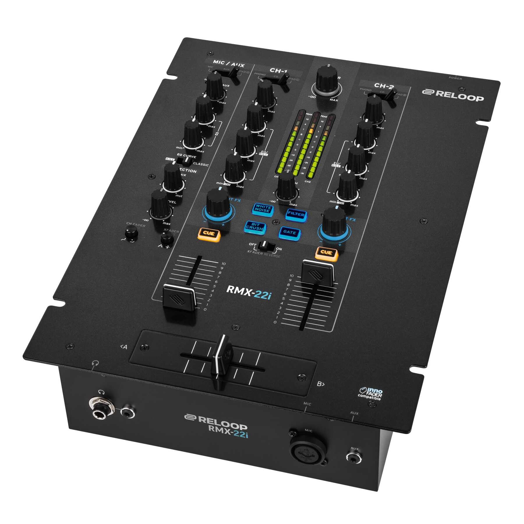 Reloop RMX-22i - Mixer digitale a 2 (+1) canali, 4 effetti sonori istantanei di colore per canale, iPad/tablet/smartphone audio split-input audio, nero