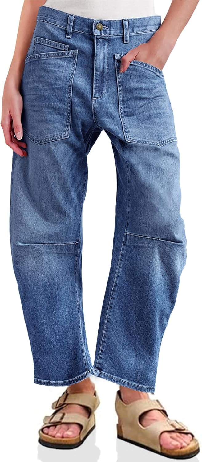 PLNOTME Womens Baggy Barrel Horseshoe Jeans High Waisted Wide Leg Vintage Denim Pants with Front Pockets