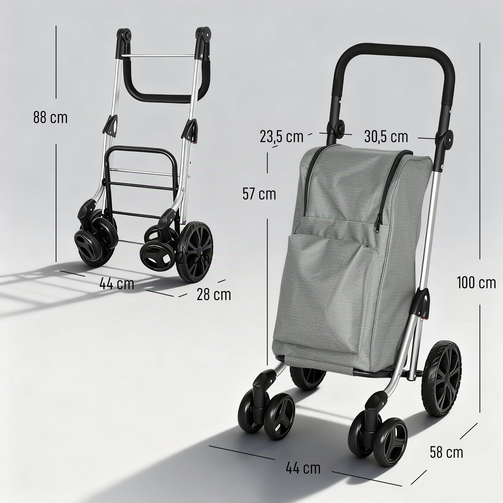 HOMCOM Carrito de Compra de 46L de Aluminio con Bolsa Térmica 3 en 1 Gris | Carro de la Compra, 6 Ruedas, Asa Regulable, para Supermercado, Plegable