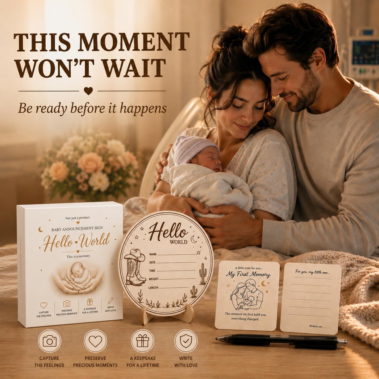 Baby Announcement Sign – Hello World Newborn Sign in 3D Wood with Rustic Cowboy Boots & Western Desert Details for Newborn Memories, Nursery Décor & Baby’s First Precious Moments