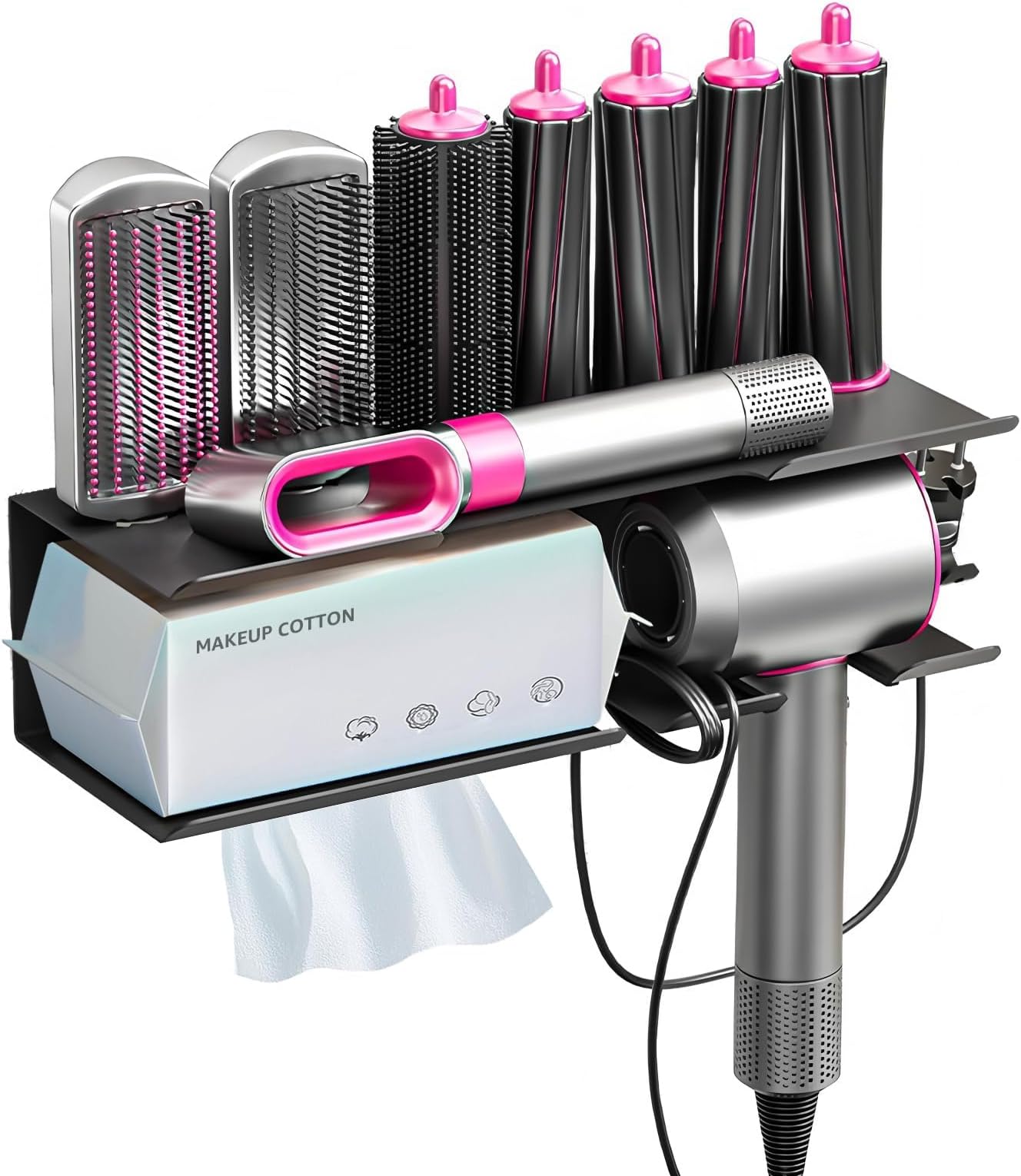 Airwrap Holder Storage Stand, Wall Mount Curling Iron holder, 3 in 1 Metal Bathroom Organizer Wall Mount for Curling Iron, Hair Dryer, Paper, Hair Tool Organizer for Bathroom Bedroom