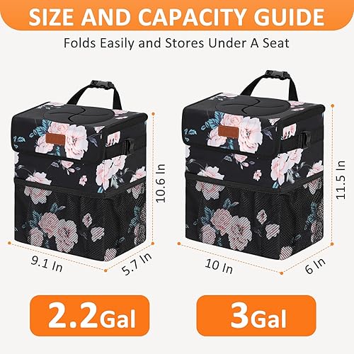 Miniatura 7 de Bote de basura para automóvil de 3 galones con tapa, bolsa de basura para automóvil, impermeable, a prueba de fugas, color negro floral