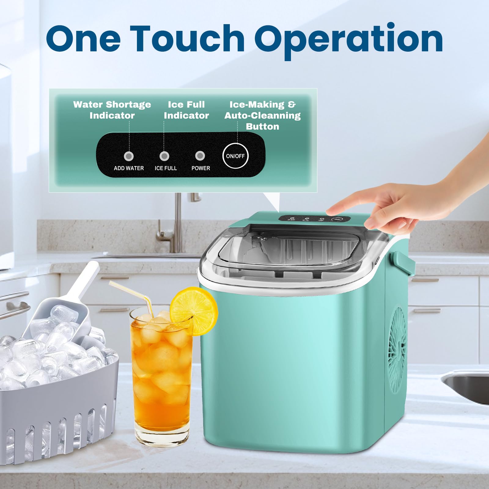 Pioch Ice Makers Countertop, Portable Ice Maker Machine With Carry Handle, 26lbs/24h, Ice Machine Self-Cleaning With Basket And Scoop For Home Kitchen Party,Green on Fridge.com - View 4