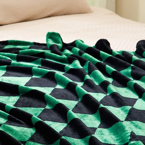 Miniatura 5 de Vessia Manta de tablero de ajedrez negro y verde (50 x 70 pulgadas), manta de franela de tablero de ajedrez verde para sofá, cama, sofá, 300 GSM,