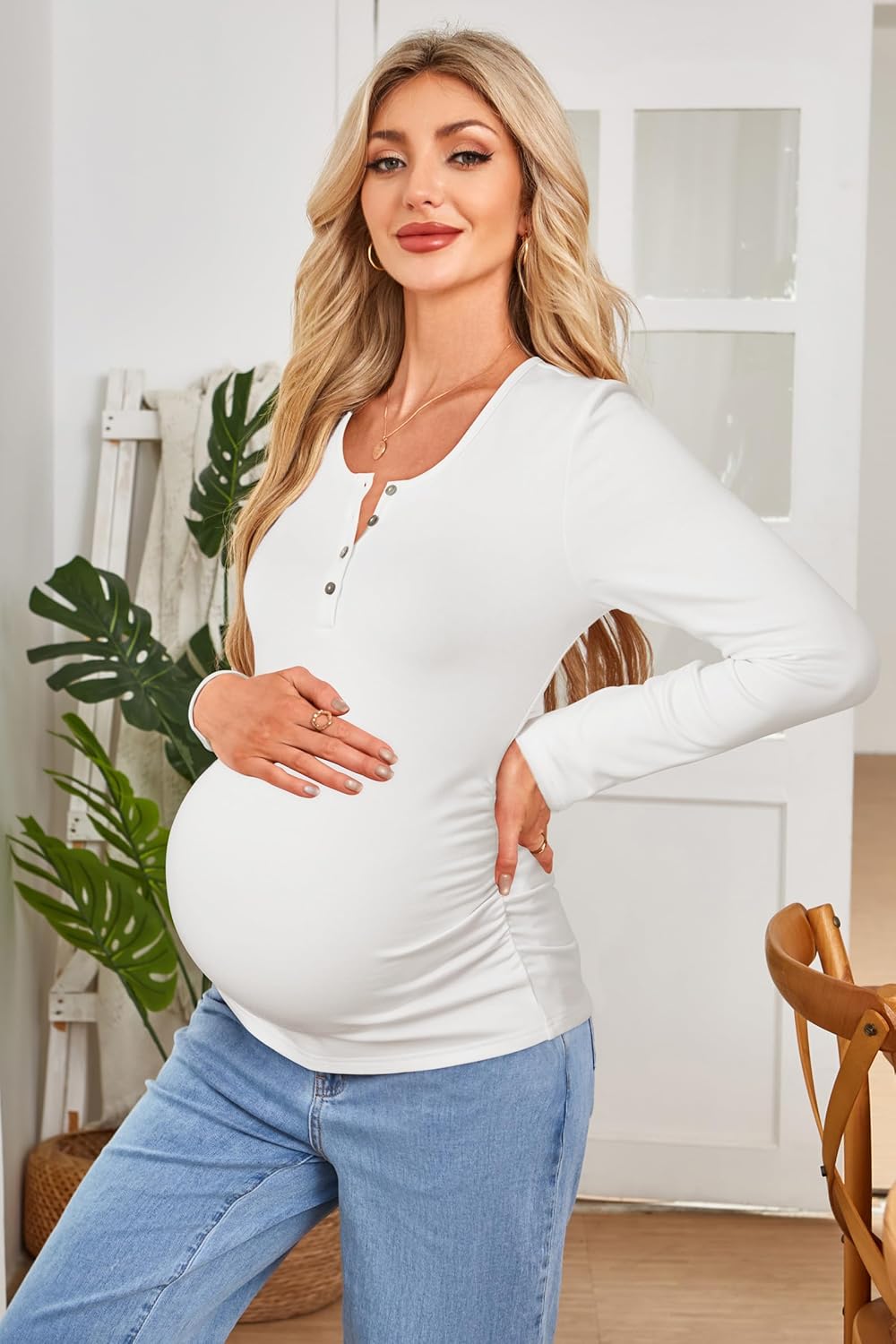 OUGES Womens Long Sleeve Cotton Blend 2 Packs Light Fleece Thermal Henley Maternity Shirts Side Ruched Button Fall Tops